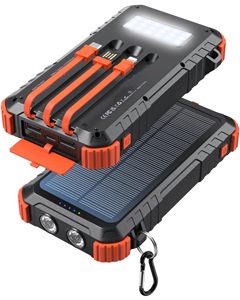 Batterie solaire portable pour le camping en plein air, 20000 mAh, double USB, câbles intégrés, lampe torche LED, entrée Type-C, chargeur solaire - Product Image 1