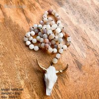Collier long en perles de pierres précieuses de style western Longhorn, motif animal bohème, tête de taureau, vache, bovins, bijoux en pierre du sud-ouest, cadeau pour femme