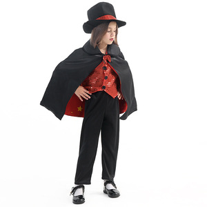 Children Magician Costume Red Star Cape Top Hat Magic Wand Performance Cosplay Outfit Party Role Play Dress Up Suit - Product Image 4