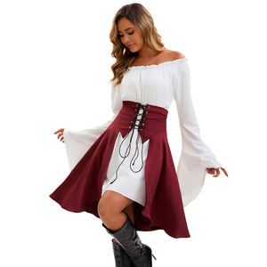 Disfraz de pirata para mujer, top de manga larga con hombros descubiertos, falda color borgoña y cintura con cordones para fiesta de Halloween o Renacimiento - Product Image 2