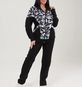 Hot bán của phụ nữ đen trắng trừu tượng in chắp vá hai mảnh thiết lập Zip Up Áo khoác & giản dị Quần thời trang dạo phố trang phục - Product Image 1