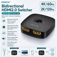 SAMZHE Commutateur bidirectionnel 4K/60Hz 1x2 2 entrées 1 sortie 1080P HD pour Ordinateur Portable Moniteur TV Projecteur Répartiteur Transmission 40m