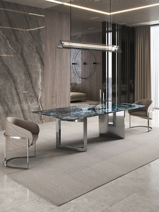 Mesa de Comedor Rectangular de Diseño con Cubierta de Mármol Azul y Negro, Base de Acero Inoxidable, para 8-10 Personas, Muebles para Restaurante, Hotel, Villa - Product Image 3