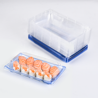 Plateau à sushi jetable en PET rectangulaire bleu recyclable, boîte alimentaire en plastique, boîte à emporter, plateau d'emballage à sushi avec couvercle transparent