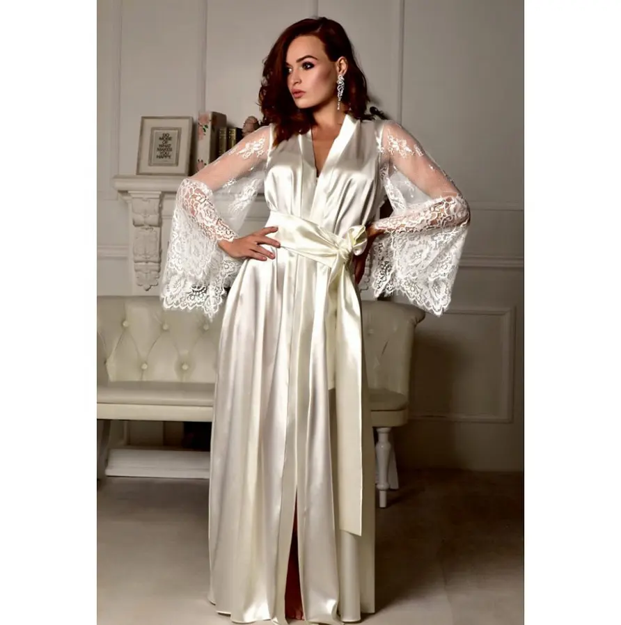 Plus Size 5XL Satin Lace Night Robes Sexy Long Robes Lady Ice Silk Pajamas Ladies Elegant Sleep Dress Nightgown For Women