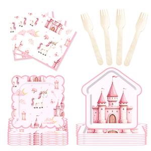 Assiettes, serviettes et gobelets en papier jetables à volants en dentelle, thème licorne rose et château DAMAI, pour fournitures de fête - Product Image 4