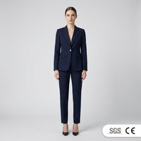 Ensemble tailleur chic parisien bleu marine pour femme, coupe ajustée, blazer et pantalon cigarette, OEM ODM, mélange de laine fine, tenue de bureau pour boutique