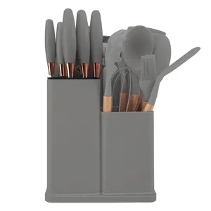 Premium Silicone 19Pcs All In One Kitchen Utensils Set With Wood Handle Organiser And Cutting Board