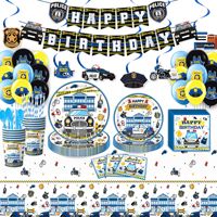 Ensemble de décoration d'anniversaire pour enfants sur le thème de la police et de la voiture de police, comprenant bannière, guirlande, vaisselle, assiettes en papier, gobelets, serviettes, nappe et ballons
