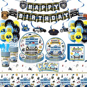 Ensemble de décoration d'anniversaire pour enfants sur le thème de la <span class=keywords><strong>police</strong></span> et de la voiture de <span class=keywords><strong>police</strong></span>, comprenant bannière, guirlande, vaisselle, assiettes en papier, gobelets, serviettes, nappe et ballons - Product Image 1