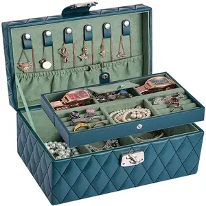 Caja organizadora de joyería de cuero Pu, estuche de viaje para collares, pendientes, anillos, pulseras y relojes