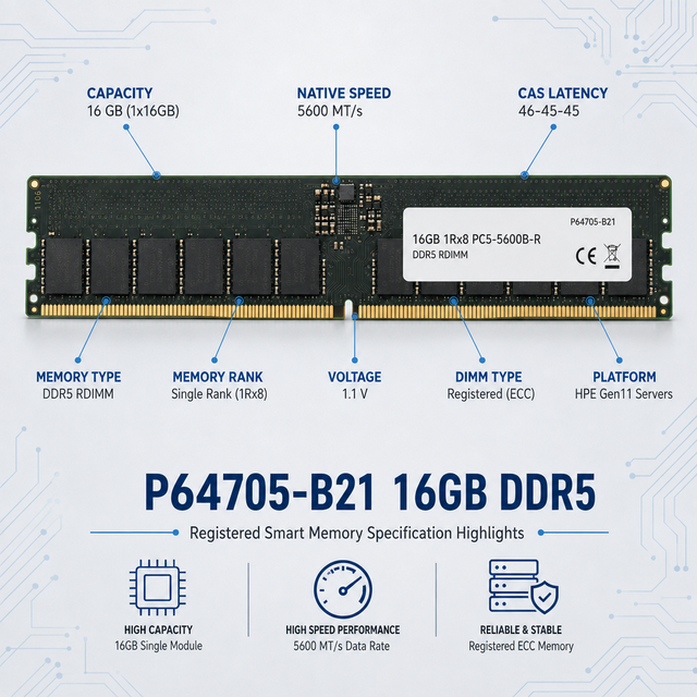 P64705-B21 Server RAM 16GB DDR5 5600MT/s ECC RDIMM Registered 1Rx8 in Stock Compute Dense Configuration
