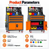 Chariot à outils en acier à 3 tiroirs, robuste, orange, avec panneau perforé, grande capacité, verrouillable, idéal pour les ateliers de réparation automobile