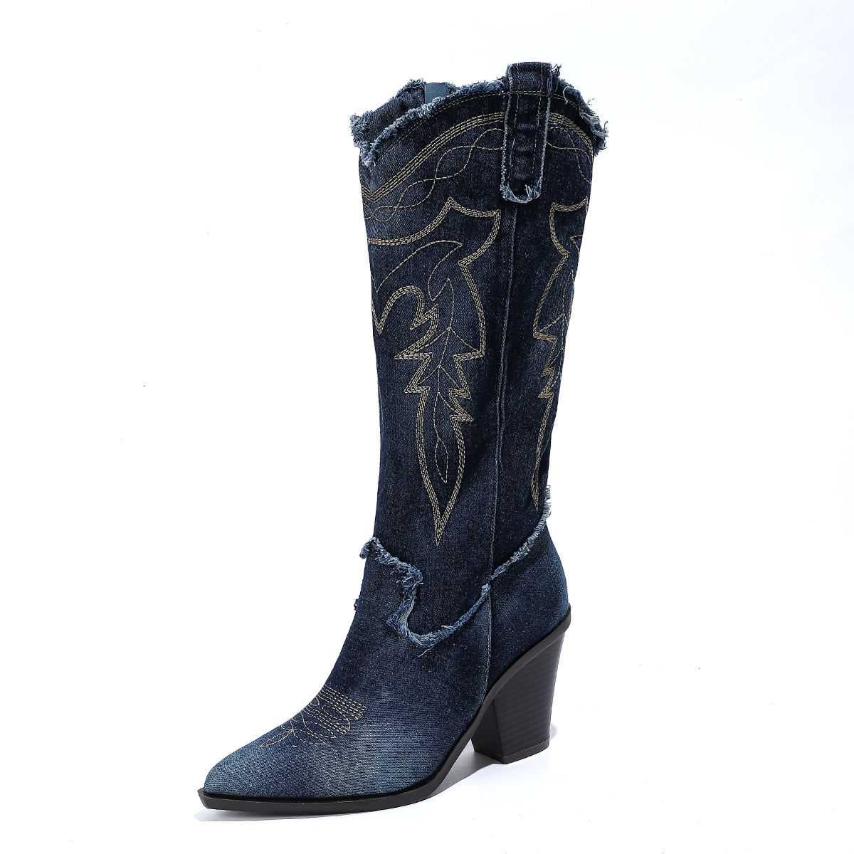 Denim Embroidery Retro Pointed Toe Western Cowboy Boots for Women