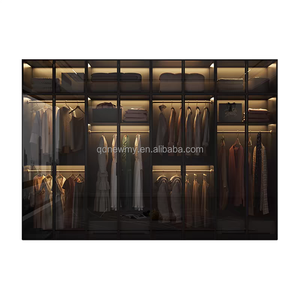 Armoires de garde-robe d'angle noires personnalisées haut de gamme lumières LED meubles de <span class=keywords><strong>vestiaire</strong></span> en verre pour placard de rangement de vêtements MDF maison - Product Image 1