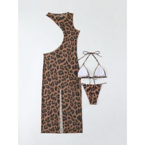 Women's Leopard Print 3 Piece Bikini Set Halter <b>Tie</b> Triangle With Cover Up Dress High Cut Swimwear Stretch Spandex Polyester - Product Image 3
