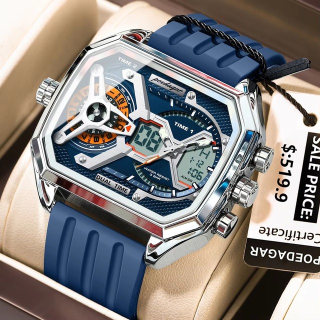 POEDAGAR E106 Dual Display Square Silicone Watch Alloy Case Digital Led Quartz Analog Men Wristwatch Waterproof Date Week Clock
