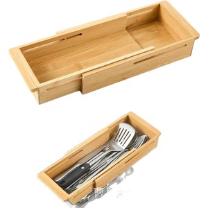 Wooden Pull Out <b>Drawer</b> <b>Storage</b> <b>Box</b> Kitchen Countertop Knife Fork Spoon Organizer Rectangular Natural Wood Color Standing Type - Product Image 1