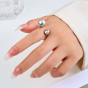Open Back Pearl <b>Crystal</b> <b>Ring</b> Adjustable Band For Index Finger Everyday Wear Geometric Shape Bezel Setting - Product Image 2