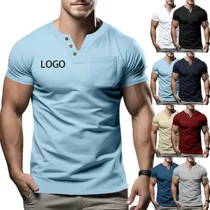 Custom Logo Cotton Blank US Size polo tshirt Slim Fit Round Neck Short Sleeve Button-up Pocket Vintage Casual Henry Men T Shits