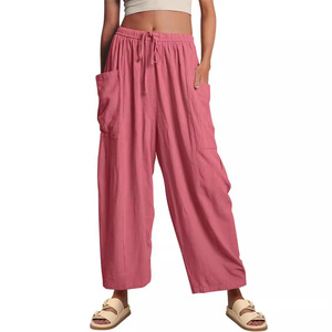 Nuovi <span class=keywords><strong>Pantaloni</strong></span> Larghi da <span class=keywords><strong>Donna</strong></span> a Vita Alta con Pieghe, in Cotone e <span class=keywords><strong>Lino</strong></span>, con Elastico in Vita, Casual, per l'Estate 2026 - Product Image 5