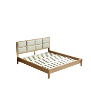 Solid White Ash Wood Home Furniture Bedroom Furniture Platform Bed with Upholstered Headboard Sturdy Double Bed Designs In Wood