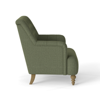 Fauteuil d'appoint vintage moderne de luxe pour salon, en bois, avec dossier capitonné en tissu coton vert olive et structure robuste en bois massif