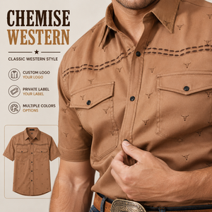 Camisa Vaquera Occidental Personalizada de Lujo para Hombre, Camisa Vaquera Premium con Estampado de Calavera de Toro, Manga Corta, Tejido de Primera Calidad, Fabricante de Marca Privada - Product Image 1