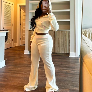 Custom 2 Piece Women Zipper <b>Crop</b> <b>Top</b> Waffle Hoodie Tracksuit Streetwear <b>Set</b> Contrast Stitch Waffle Women Sweat Suit Manufacturer - Product Image 1