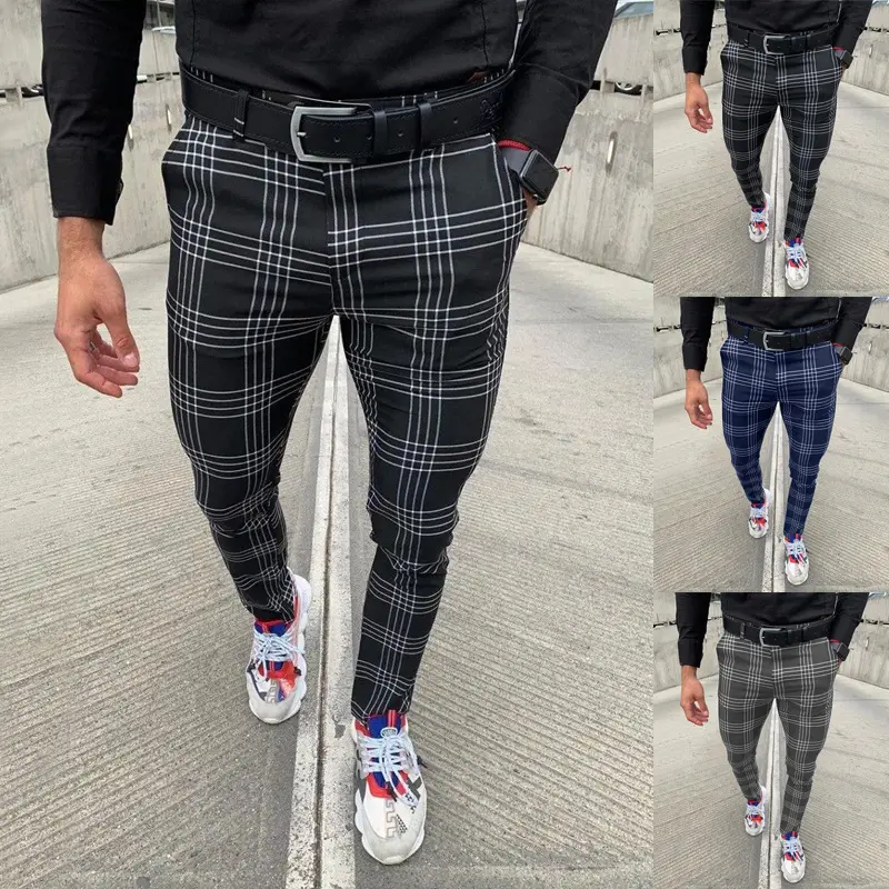 Wholesale New Men Formal Business Grid Printing Pockets Pants Outdoor Fashion Casual Slim Trousers Long Pencil Pants