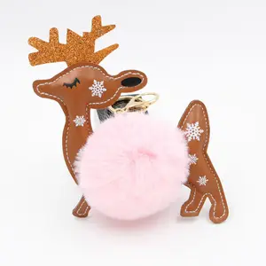 可爱蓬松毛球麋鹿钥匙扣时尚皮革动物吊坠钥匙扣人造毛皮绒球钥匙扣圣诞礼物