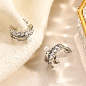 <b>Cuff</b> <b>Earrings</b> C-Shaped Stainless Steel Zircon Inlaid Geometric Design Everyday Wear - Product Image 4