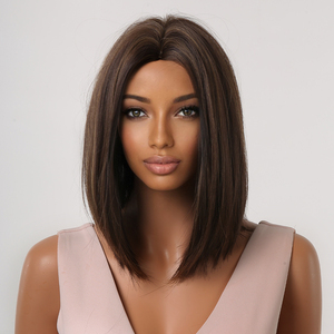 Peluca de cabello sintético <span class=keywords><strong>Afro</strong></span> para mujer afroamericana, cabellera artificial liso de fibra japonesa, color marrón oscuro y dorado, largo hasta los hombros, resistente al calor - Product Image 3
