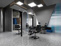 Stations de coiffure haut de gamme sur mesure pour coiffeurs, tons gris contemporains et solution de rénovation de salon tout-en-un