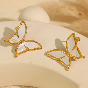 Pendientes de mariposa con concha blanca, aleación de zinc dorada, joyería de moda para mujer - Product Image 3