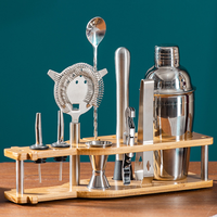 Kit de bar en acier inoxydable, outils à cocktails, support en bois, shaker à cocktails, ensemble de cocktails