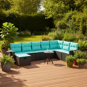 Set di divani da giardino in polyrattan nero da 8 pezzi con cuscini, mobili da esterno per giardino, terrazza, capacità di seduta per 8 persone - Product Image 2