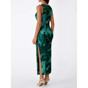 Robe longue moulante à imprimé floral sans manches personnalisée pour femmes Robes froncées de club de fête ajustées avec fente latérale Queen Size - Product Image 2