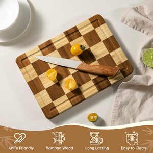 Tabla <span class=keywords><strong>de</strong></span> cortar queso a cuadros pequeña personalizada, tabla <span class=keywords><strong>de</strong></span> servir charcutería <span class=keywords><strong>de</strong></span> bambú antideslizante con ranura para jugo <span class=keywords><strong>y</strong></span> asa - Product Image 4