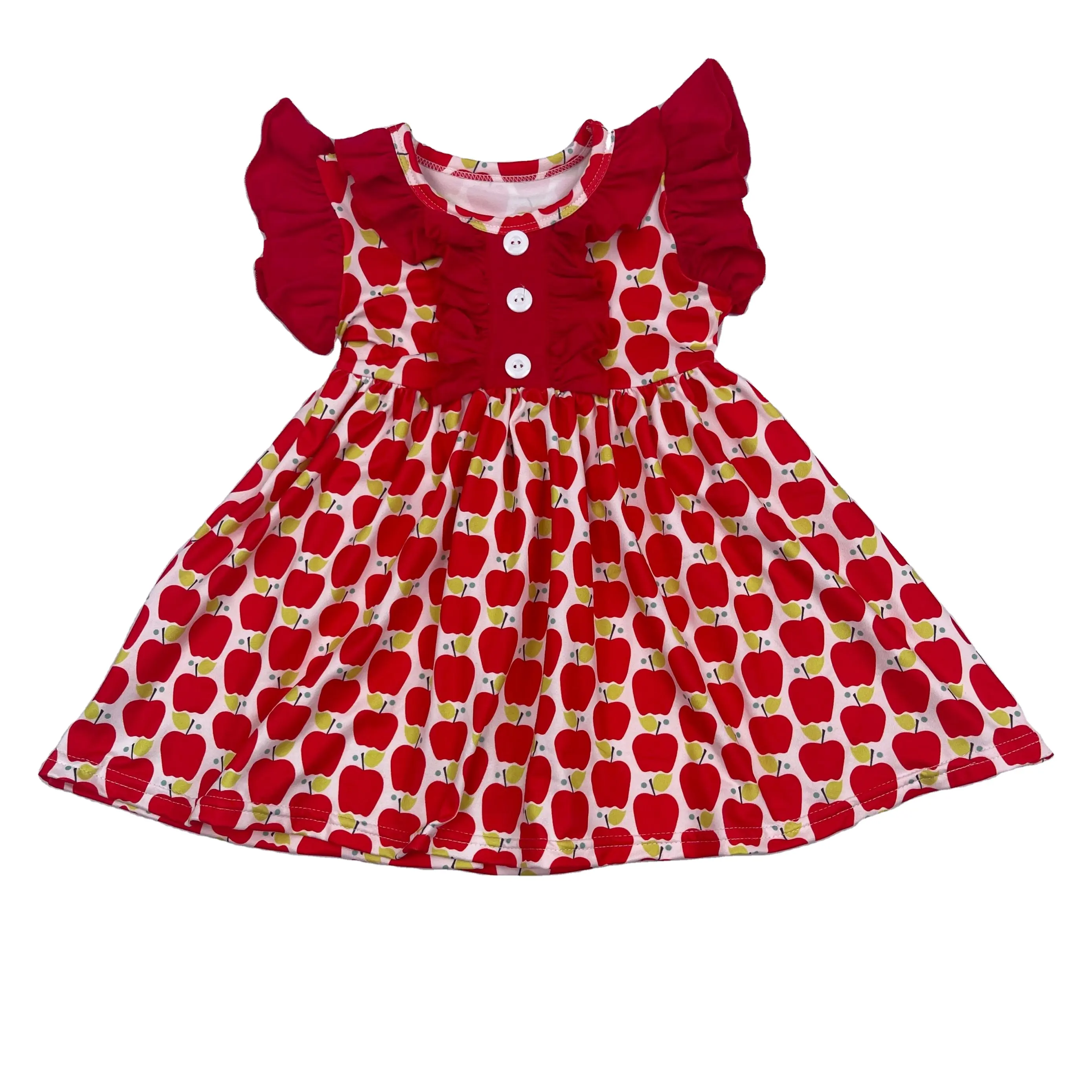 Qingli ODM boutique flutter apple printing summer flutter girls dresses baby girl dresses