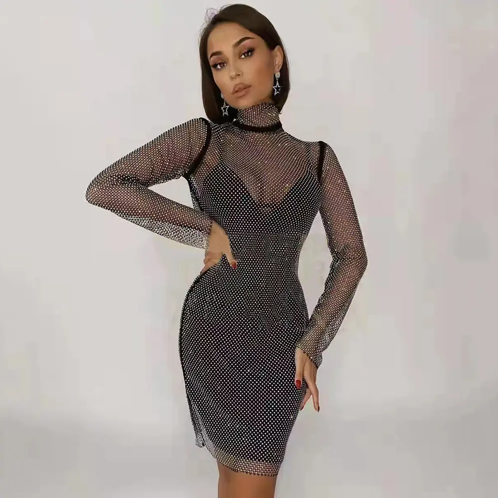 2022 New dropshipping high quality wholesale hot fashion women rhinestone long sleeve see through dress night sexy clubwear