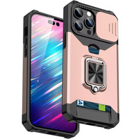 Étui de téléphone portable en TPU PC antichoc, coque arrière, protection de l'objectif coulissant, béquille, porte-cartes inclus pour iPhone 15 Pro Max 16 Plus