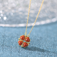 Collier en jade de style chinois, trèfle, plaqué or 18 carats, argent S925, collier avec pendentif en pierre rouge, pierre naturelle