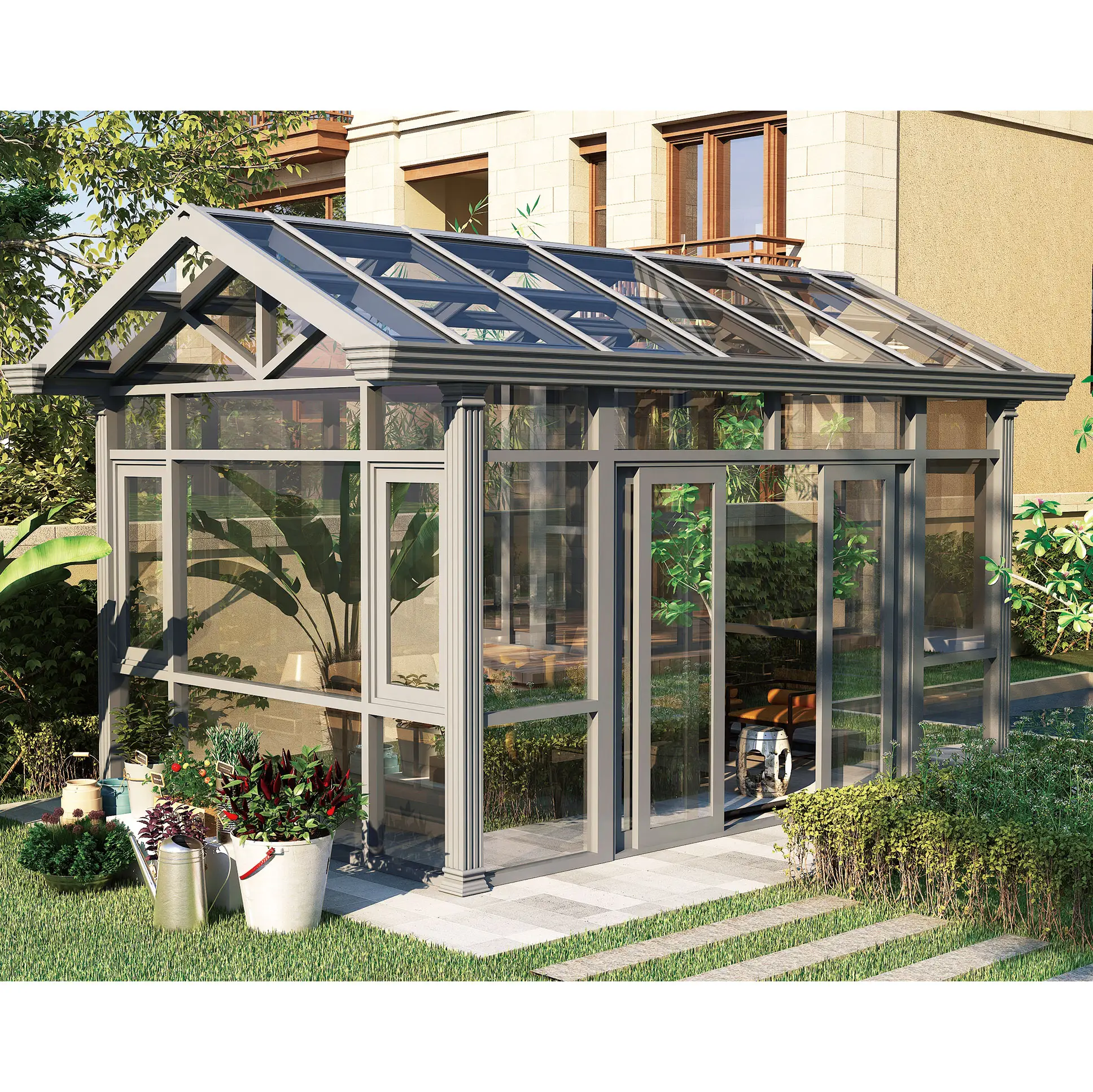 Sunroom modular de cristal de estilo europeo, casa exterior moderna, jardín, patio, Almuninm, sala de Sol de cristal de aleación