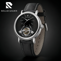 [MOQ 50] Montre mécanique automatique de luxe pour homme Rolar Golden avec tourbillon, bracelet en cuir personnalisé, montres-bracelets étanches