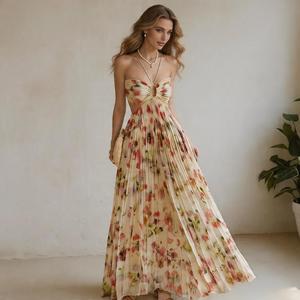 Vestido Maxi Boho Elegante sin Tirantes con Estampado Floral, Cintura Alta, Plisado, Fluido, de Gasa Suave, para Vacaciones, con Hombros Descubiertos, Largo - Product Image 1