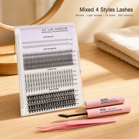 Kit de Cils en Grappes 4 Styles Mixtes avec Colle et Scellant 5ml, Applicateur Plateau Rose, OEM ODM Étiquette Personnalisée, Fournisseur en Gros, Distributeur de Cils