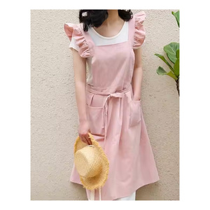 Korean Stylish Ruffled Cap Cotton-Linen Sleeveless <strong>Personalised</strong> Cross Back Custom Logo <strong>Apron</strong> with Large Pockets - Product Image 1
