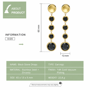 Boucles d'oreilles pendantes linéaires en zircone noire, acier inoxydable plaqué or 14 carats sous vide, bijoux à pierre ronde, 65 mm - Product Image 2