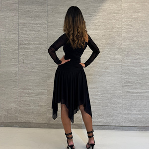 Asymmetrical Mesh <b>Patchwork</b> Ruffled Irregular Waist Cinching Dress Full Sleeve Translucent Evening Dress - Product Image 4